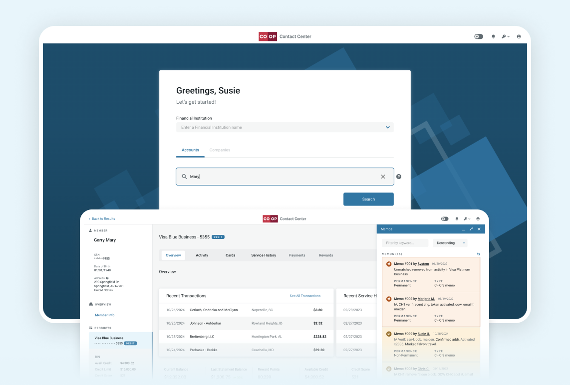 Contact center member search and account details interface.