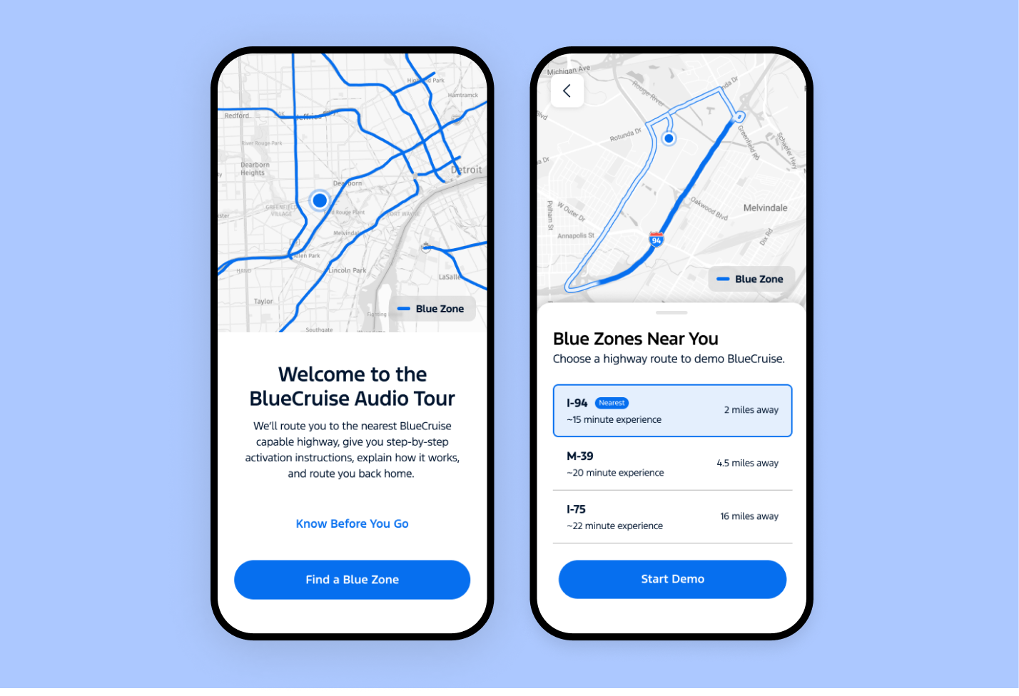BlueCruise audio tour onboarding and nearby hands-free driving routes.