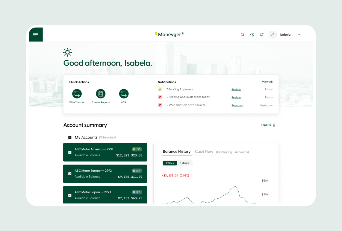 SMBC eMoneyger dashboard with quick actions, notifications, and account balances.